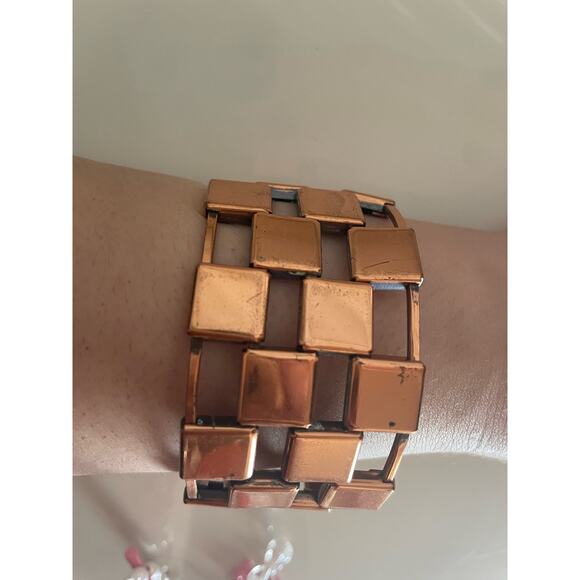 Vintage Brass Checkered Cuff Mod Jewelry 1.5 Inches Wide Adjustable Bracelet - Picture 1 of 8